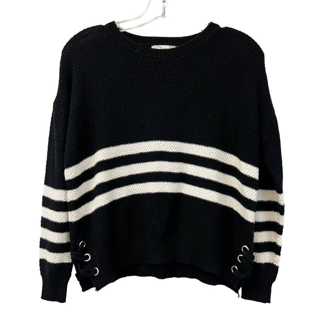 Pink Republic Women’s Long Sleeve Cropped Pullover Sweater Black/Iv Striped M
